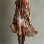Dawn - Rochie midi din șifon cu imprimeu abstract, model boho, pe un umăr, cu imprimeu marmorat neregulat și petrecut — imagine 4