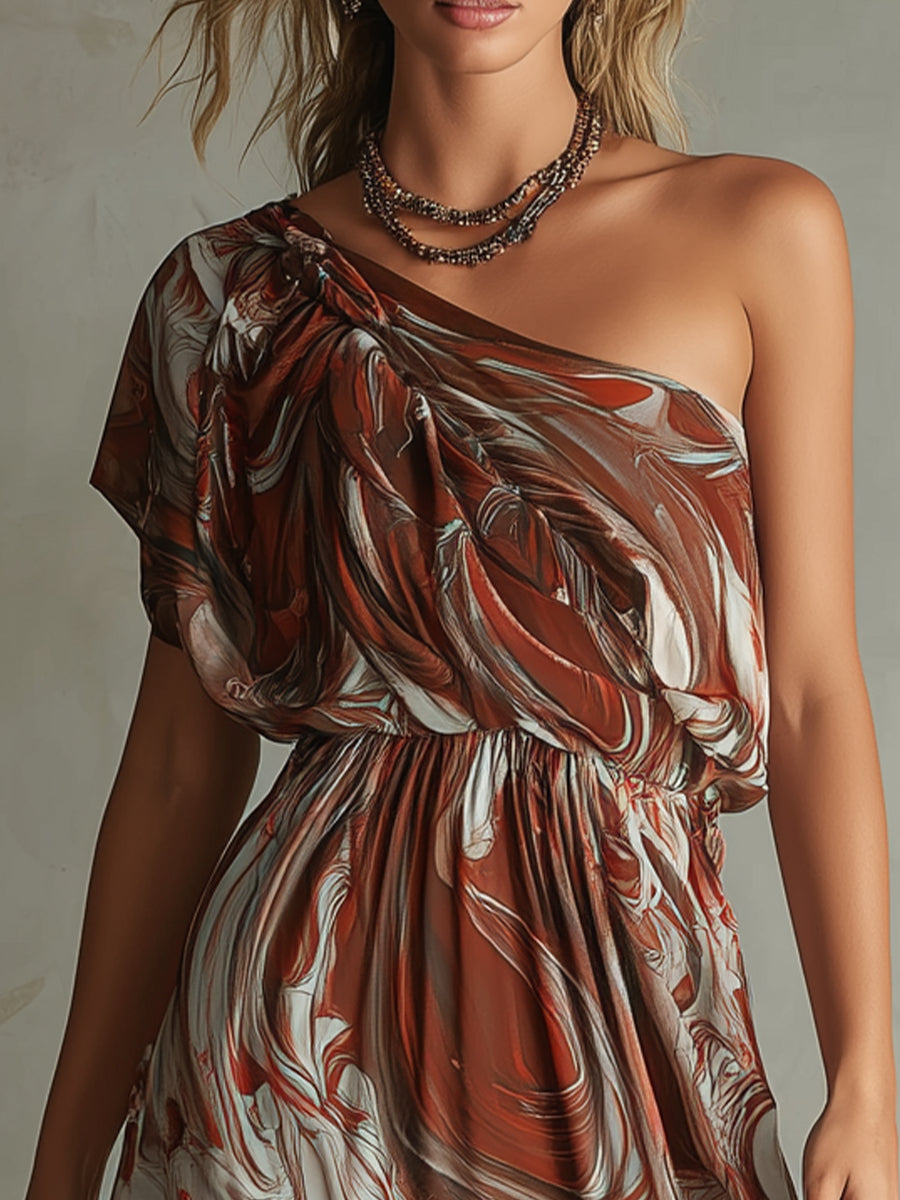 Dawn - Rochie midi din șifon cu imprimeu abstract, model boho, pe un umăr, cu imprimeu marmorat neregulat și petrecut — imagine 5