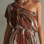 Dawn - Rochie midi din șifon cu imprimeu abstract, model boho, pe un umăr, cu imprimeu marmorat neregulat și petrecut — imagine 5