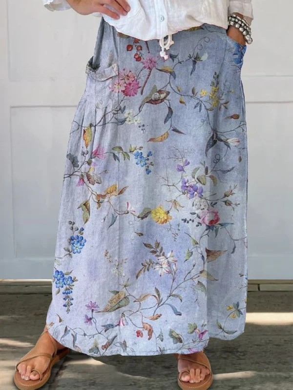 Fustă elegantă din pânză cu buzunare, model retro albastru — imagine 2