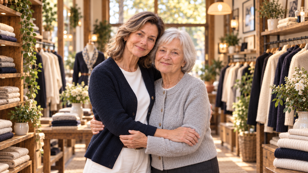Elena Sibiu — mamă și fiică îmbrățișate în boutique
