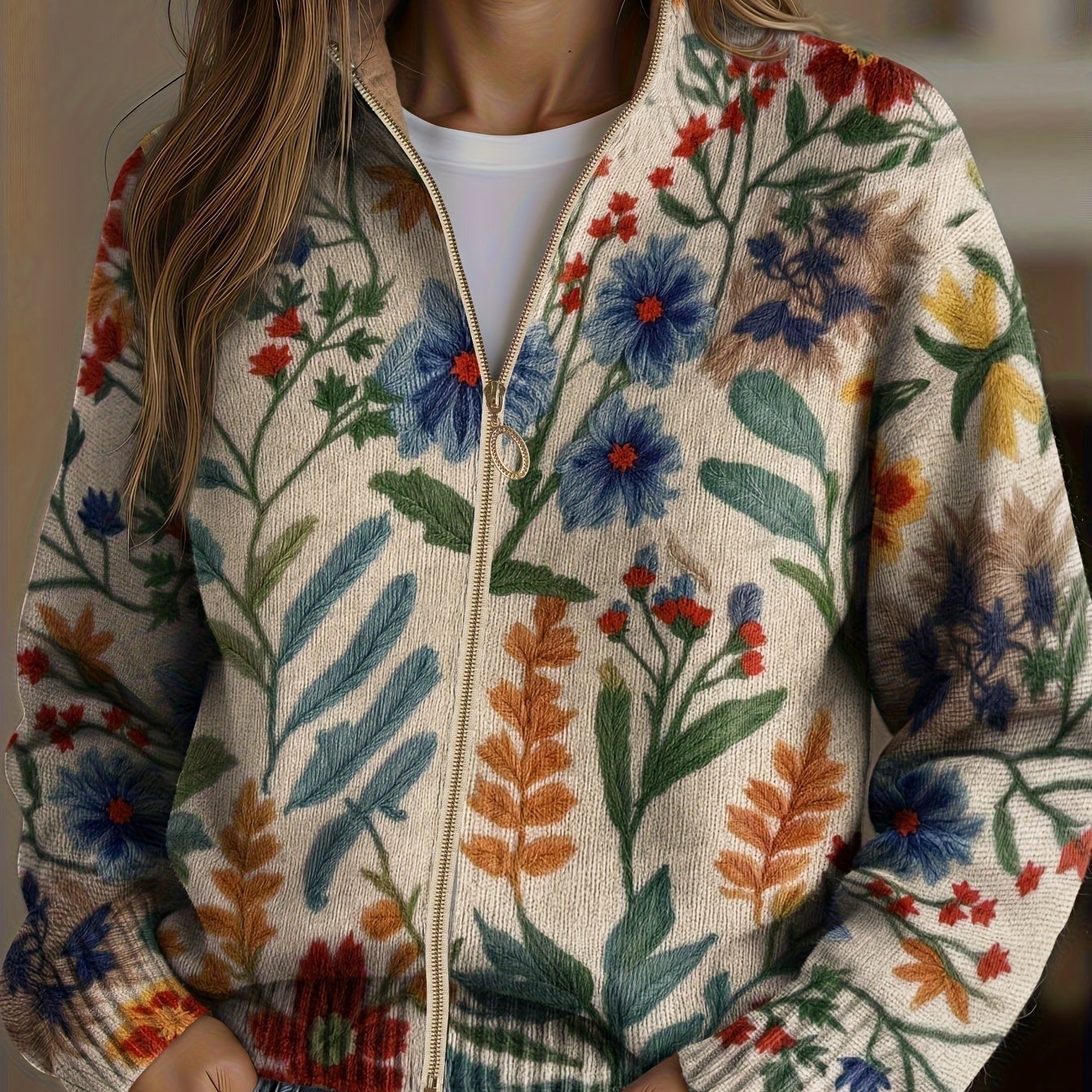 Cardigan cu fermoar, model floral de grădină botanică, Elise — imagine 1