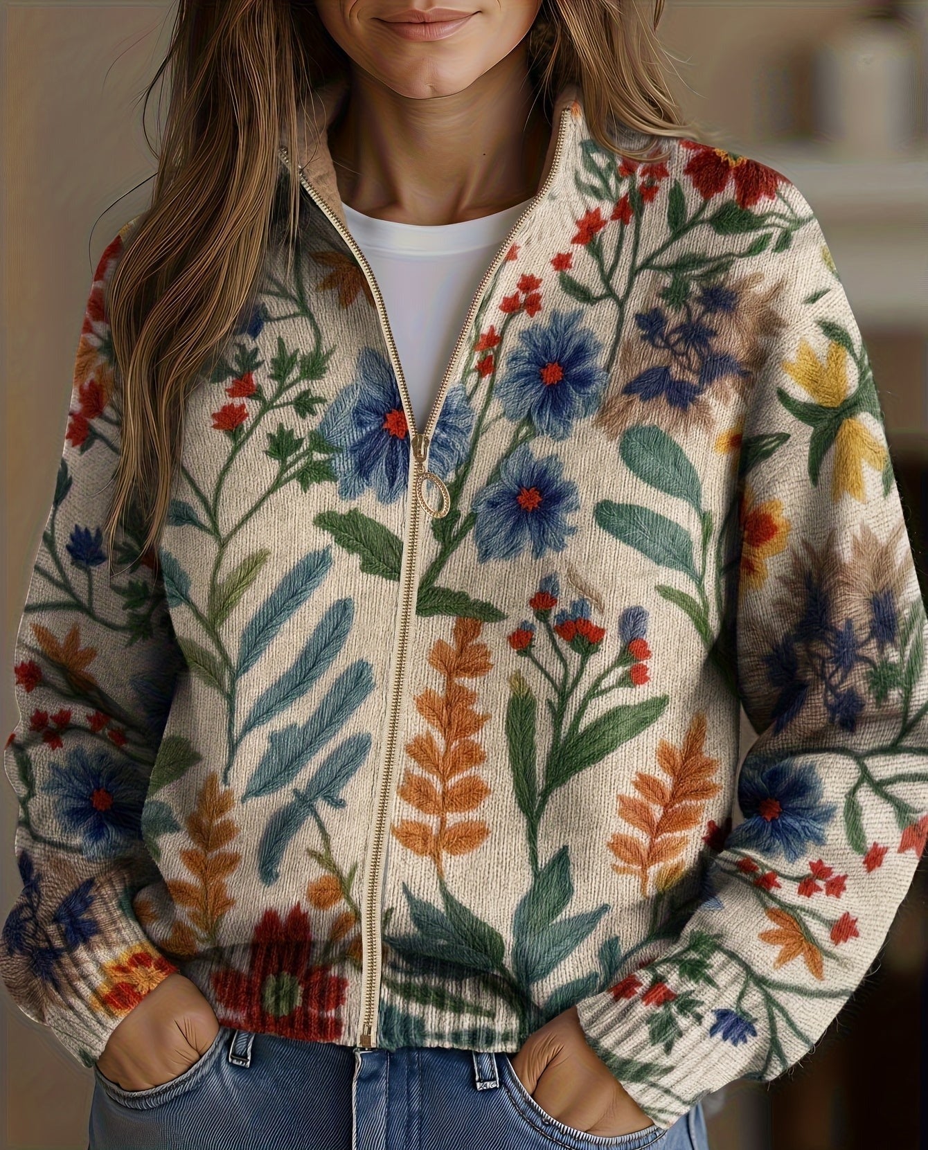 Cardigan cu fermoar, model floral de grădină botanică, Elise — imagine 1
