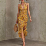Emery - Rochie midi din șifon cu talie mulată, cu imprimeu floral și barete galben-roșii — imagine 1