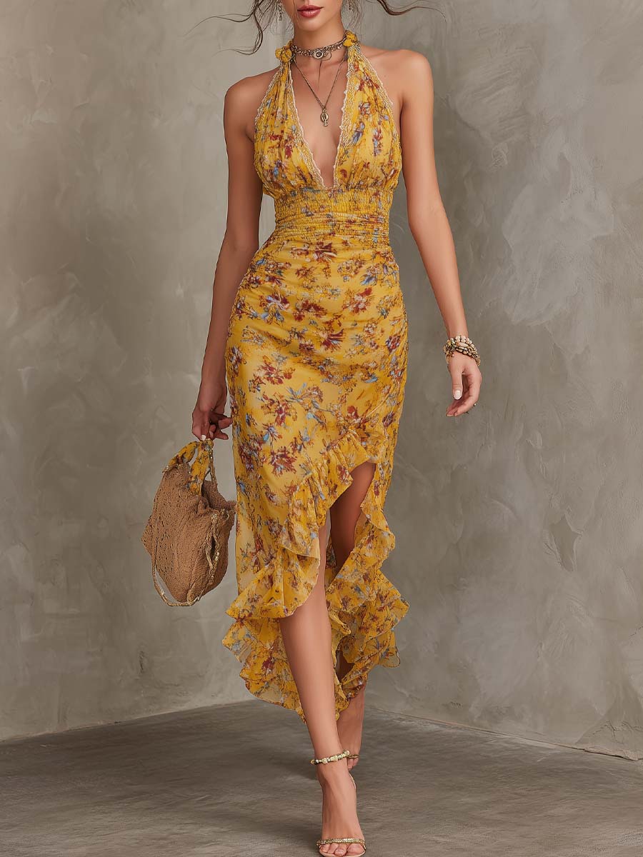 Emery - Rochie midi din șifon cu talie mulată, cu imprimeu floral și barete galben-roșii — imagine 2