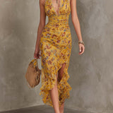 Emery - Rochie midi din șifon cu talie mulată, cu imprimeu floral și barete galben-roșii — imagine 2