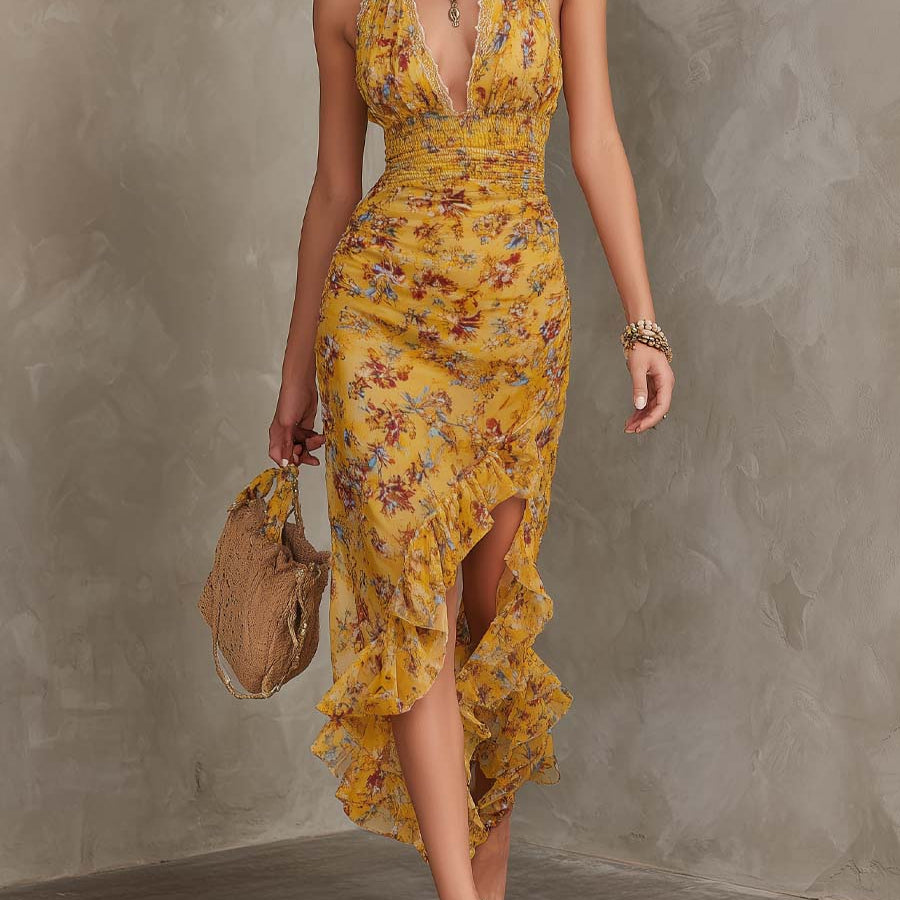 Emery - Rochie midi din șifon cu talie mulată, cu imprimeu floral și barete galben-roșii — imagine 2