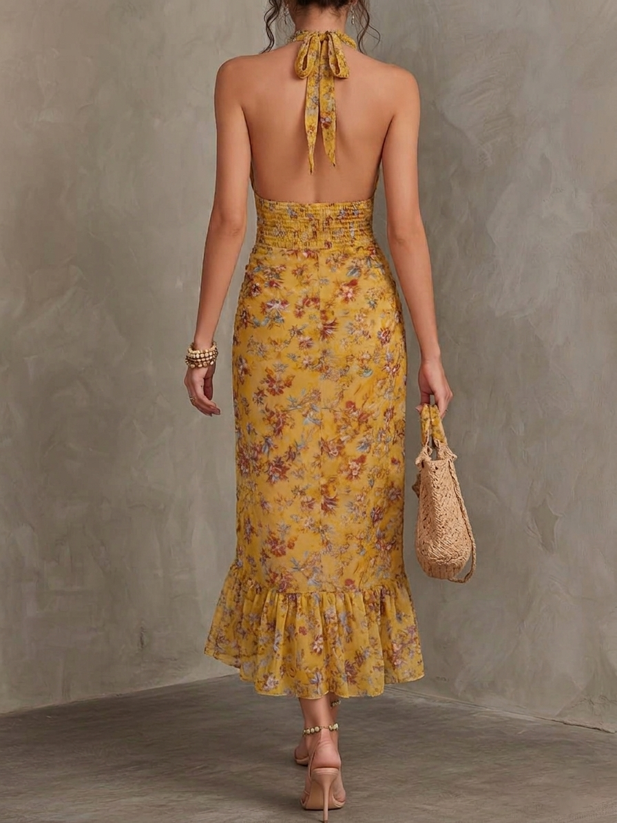 Emery - Rochie midi din șifon cu talie mulată, cu imprimeu floral și barete galben-roșii — imagine 3