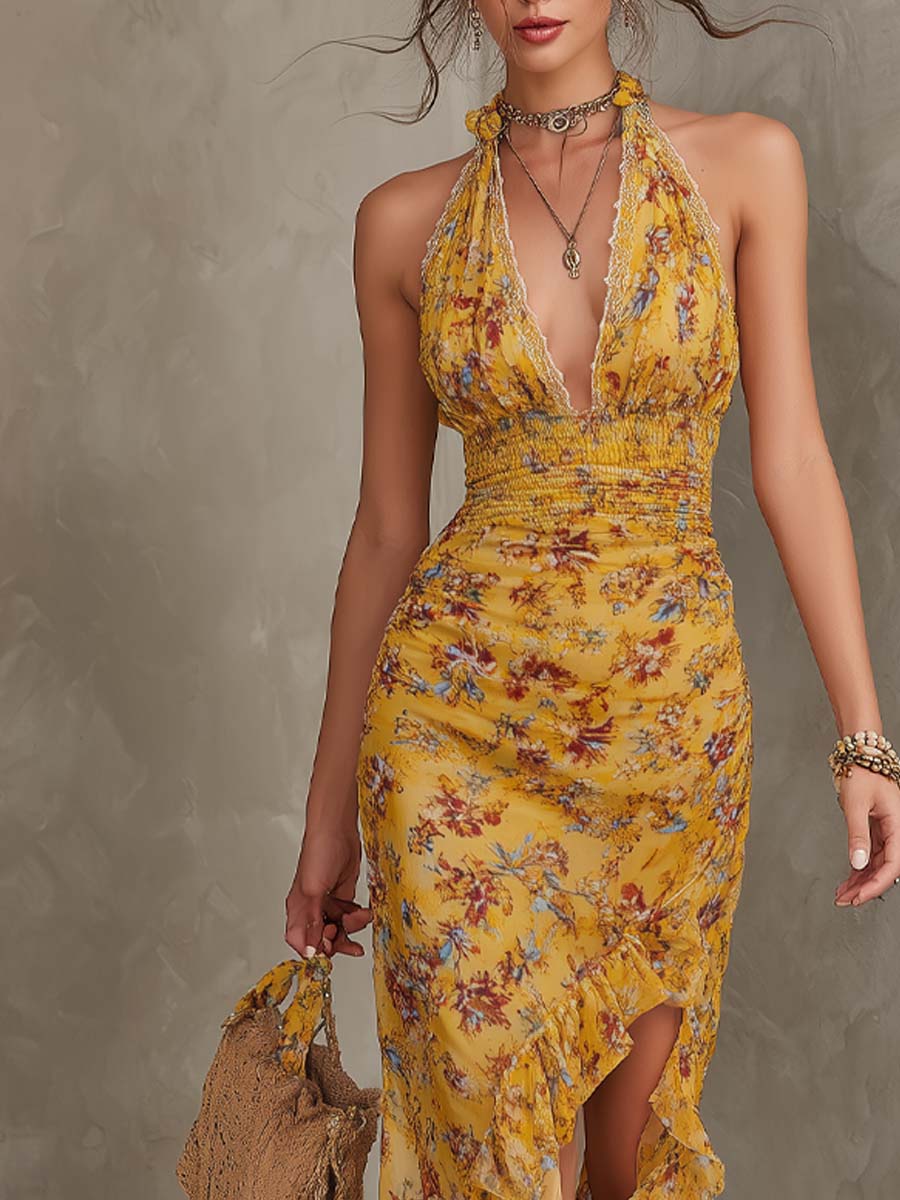 Emery - Rochie midi din șifon cu talie mulată, cu imprimeu floral și barete galben-roșii — imagine 4