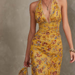 Emery - Rochie midi din șifon cu talie mulată, cu imprimeu floral și barete galben-roșii — imagine 4