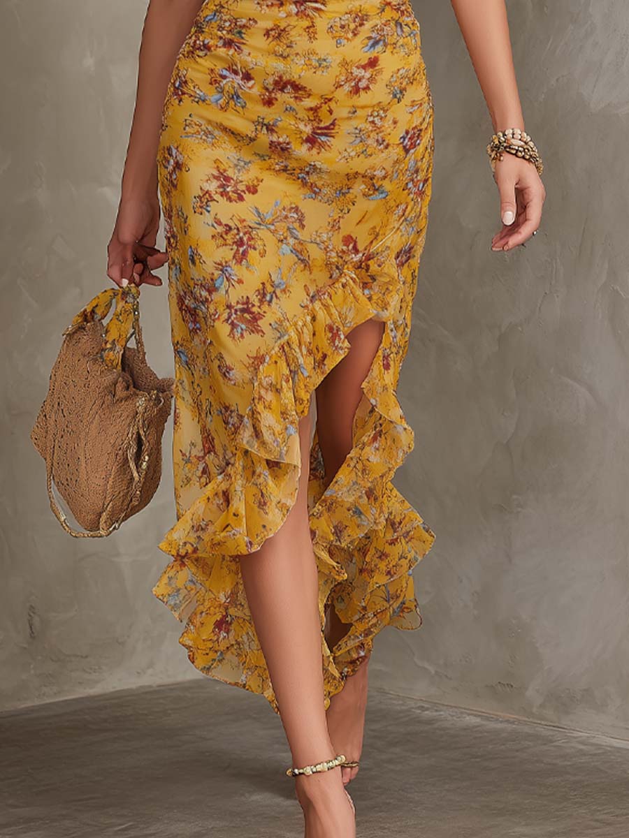 Emery - Rochie midi din șifon cu talie mulată, cu imprimeu floral și barete galben-roșii — imagine 5