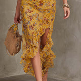 Emery - Rochie midi din șifon cu talie mulată, cu imprimeu floral și barete galben-roșii — imagine 5