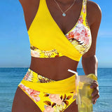 Freya - bikini cu imprimeu floral contrastant și crăpătură — imagine 5