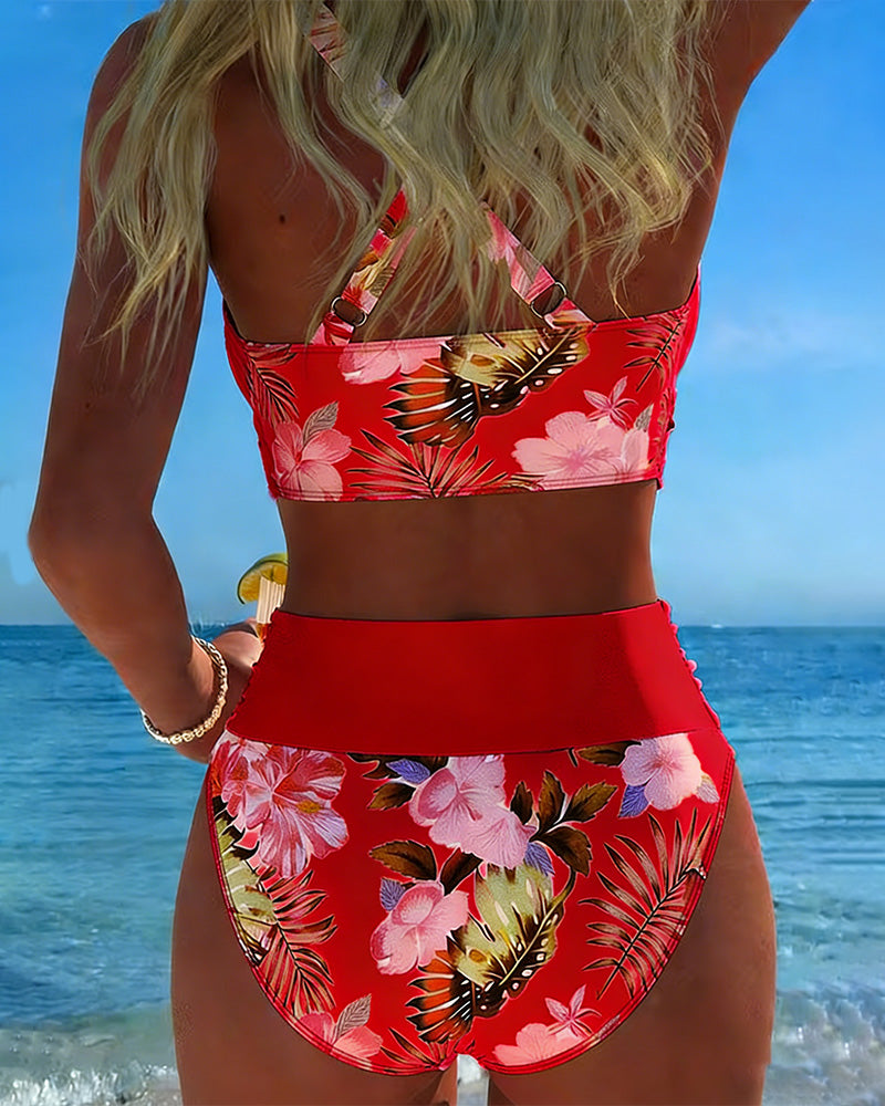 Freya - bikini cu imprimeu floral contrastant și crăpătură — imagine 13