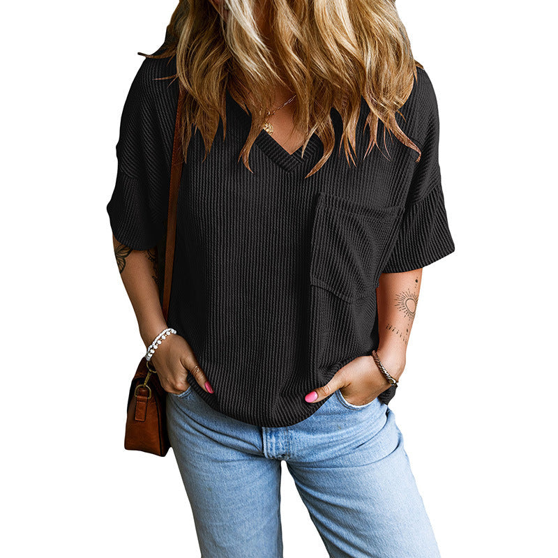 Freya - Tricou casual cu decolteu în V și buzunare texturate — imagine 3