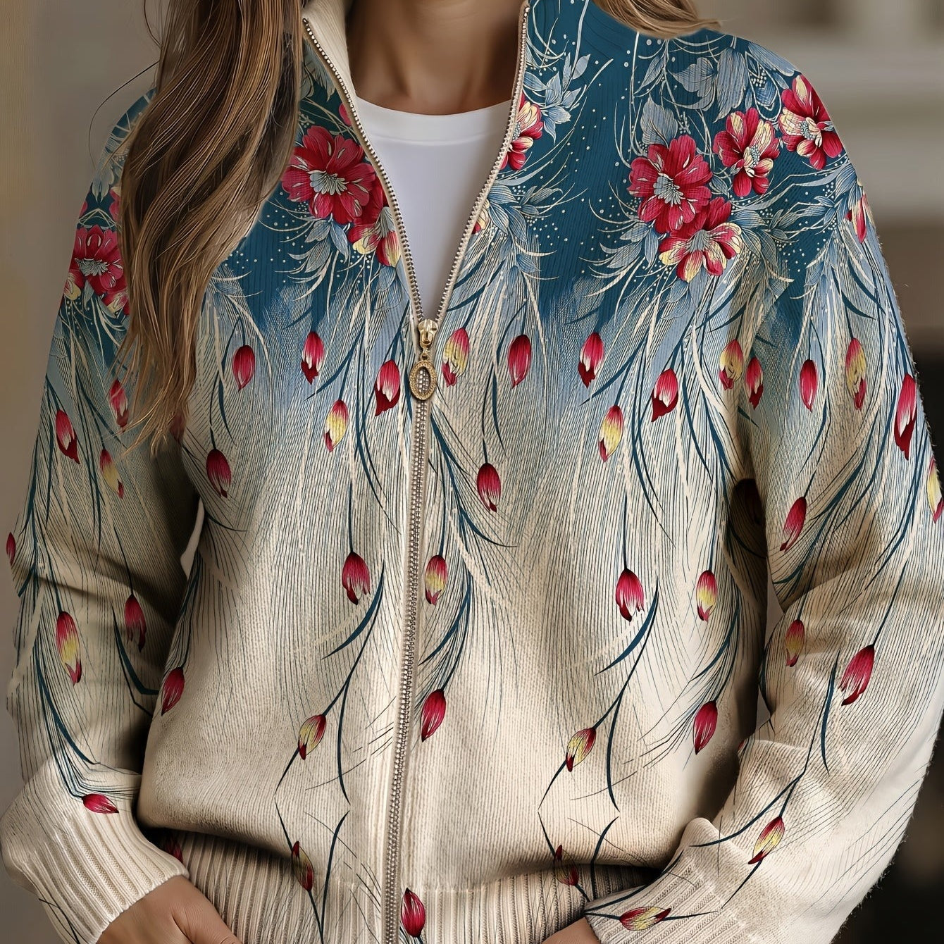Gabrielle - cardigan cu imprimeu floral și pene de păun, în degrade — imagine 1