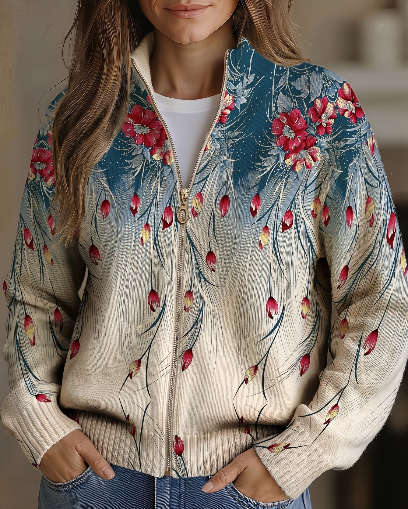 Gabrielle - cardigan cu imprimeu floral și pene de păun, în degrade — imagine 1