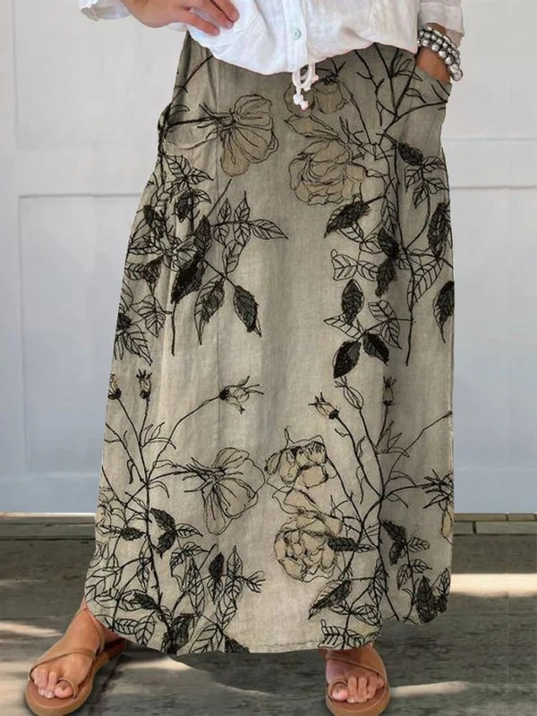 Fustă din pânză cu talie elastică și buzunare, model retro cu flori — imagine 2