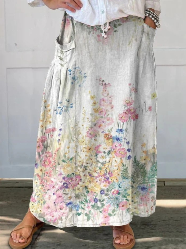 Fustă din pânză cu talie elastică și buzunare, model retro cu flori — imagine 2