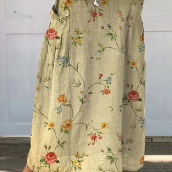 Fustă din pânză cu talie elastică și buzunare, model retro cu flori — imagine 3