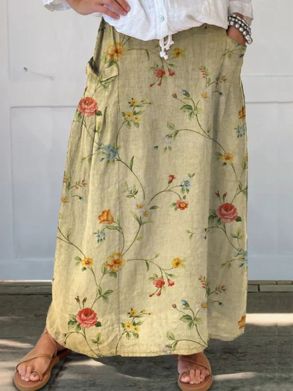 Fustă din pânză cu talie elastică și buzunare, model retro cu flori — imagine 3
