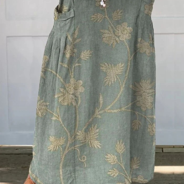 Fustă din pânză cu talie elastică și buzunare, model retro cu flori — imagine 4