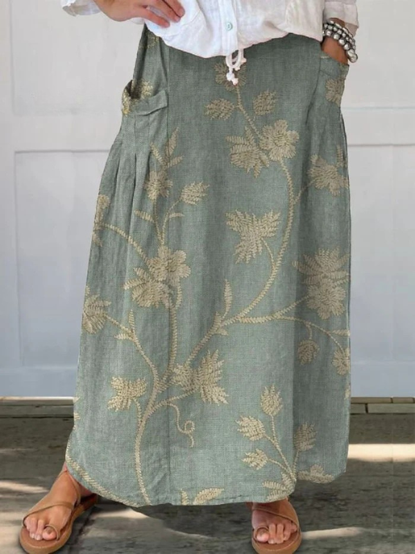 Fustă din pânză cu talie elastică și buzunare, model retro cu flori — imagine 4
