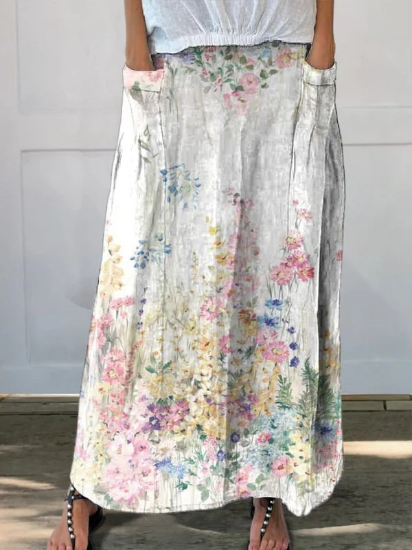 Fustă din pânză cu talie elastică și buzunare, model retro cu flori — imagine 5