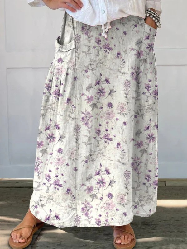 Fustă din pânză cu talie elastică și buzunare, model retro cu flori — imagine 2