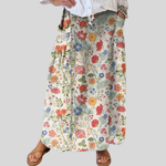 Fustă de in cu talie elastică și buzunare, model floral — imagine 1