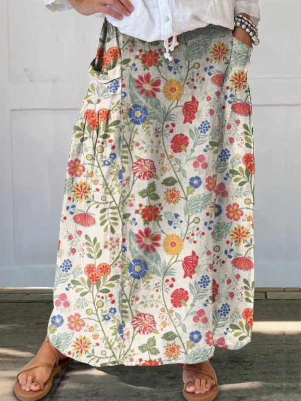 Fustă de in cu talie elastică și buzunare, model floral — imagine 2