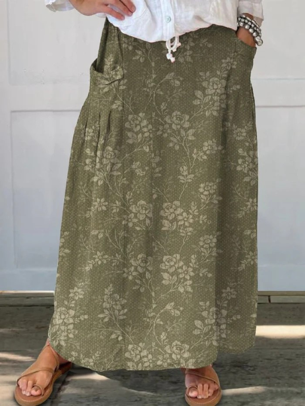 Fustă de in cu talie elastică și buzunare, model floral — imagine 2