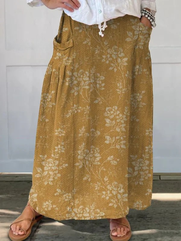 Fustă de in cu talie elastică și buzunare, model floral — imagine 3