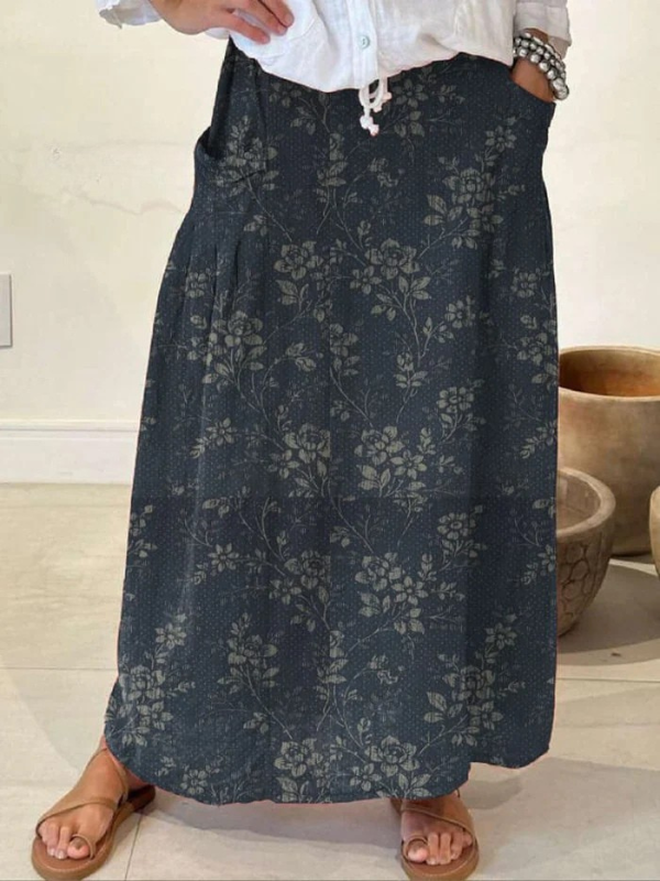 Fustă de in cu talie elastică și buzunare, model floral — imagine 4
