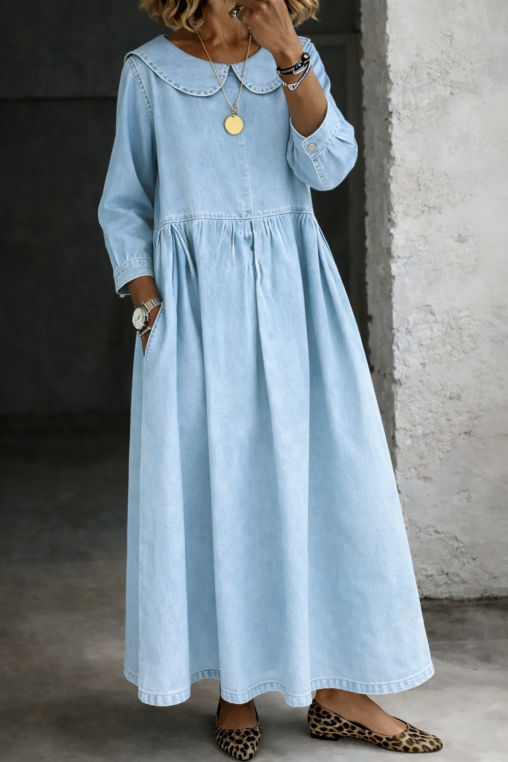 Hallie - Rochie din denim cu guler Peter Pan — imagine 7