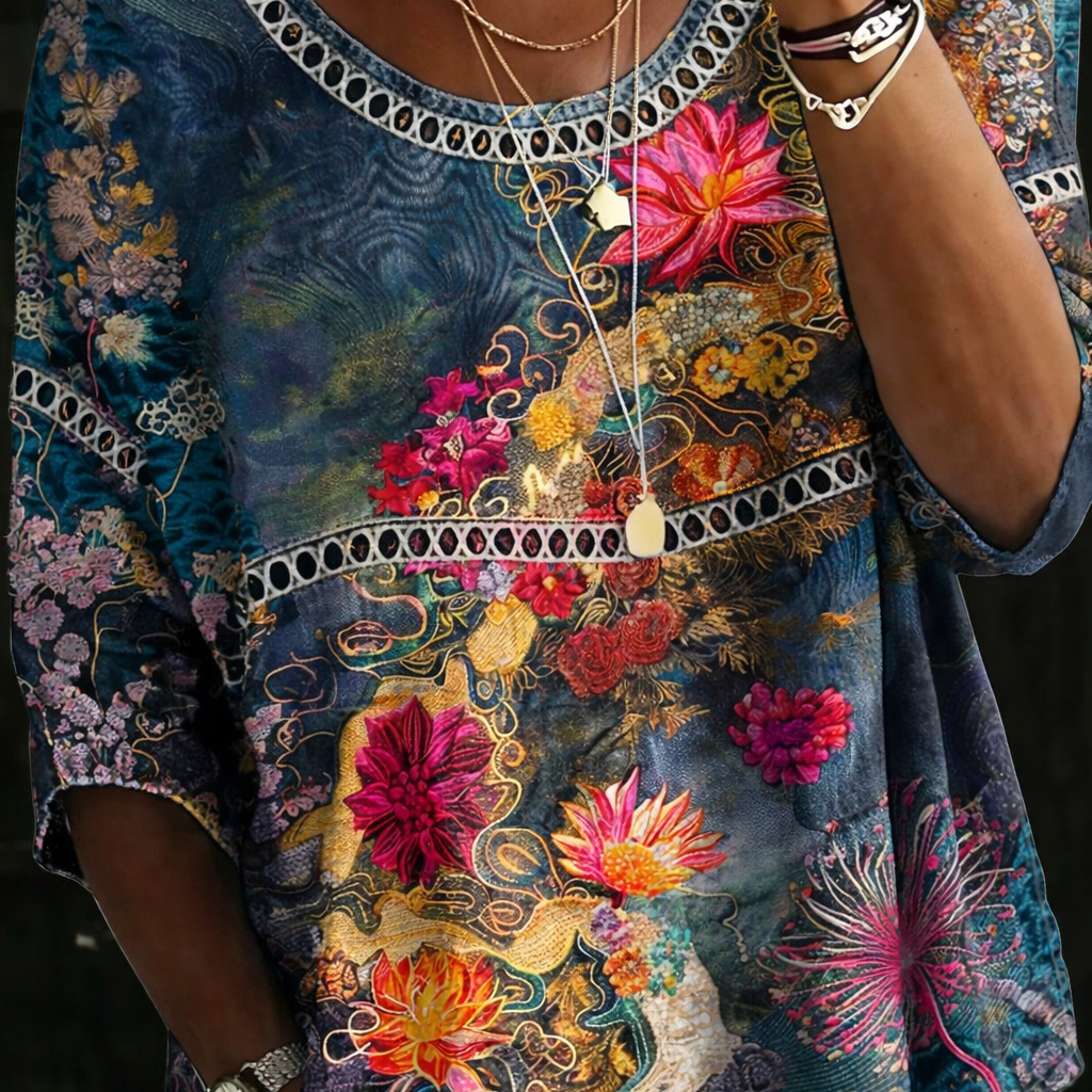 Hallie - Bluză retro cu imprimeu floral din denim — imagine 2