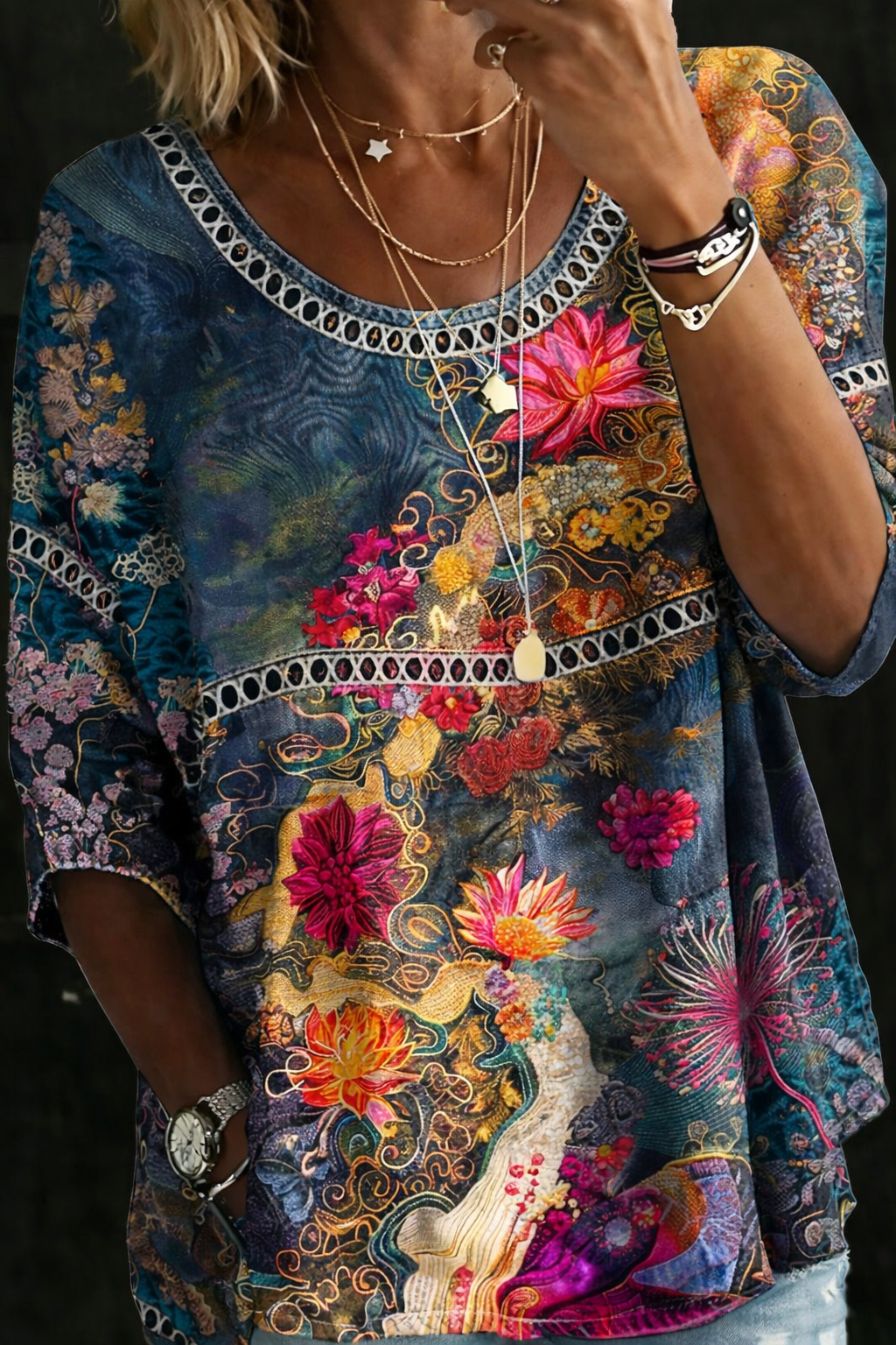 Hallie - Bluză retro cu imprimeu floral din denim — imagine 2