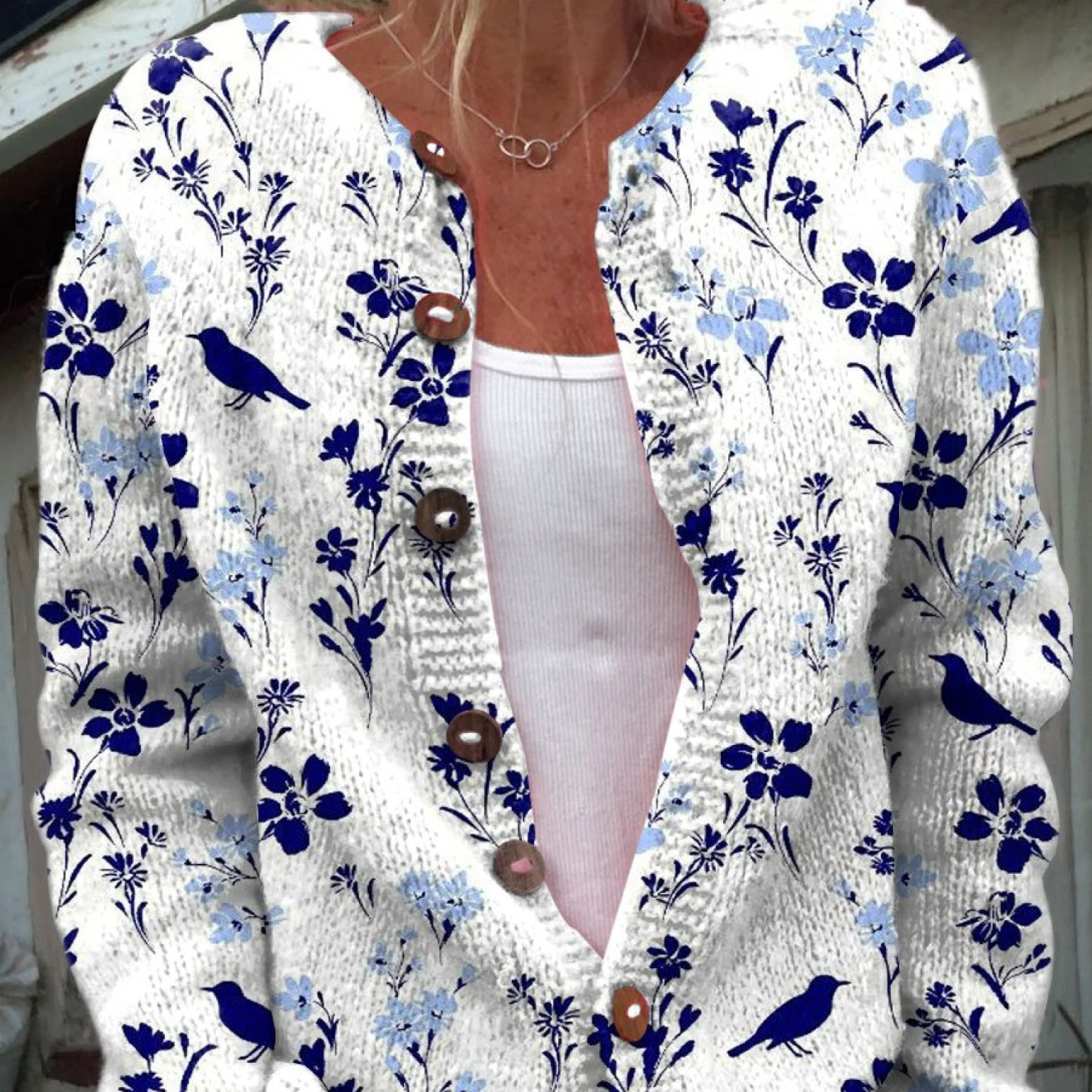 Iris - Cardigan retro cu imprimeu floral și pasăre, cu nasturi în față — imagine 1