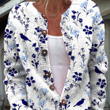 Iris - Cardigan retro cu imprimeu floral și pasăre, cu nasturi în față — imagine 1