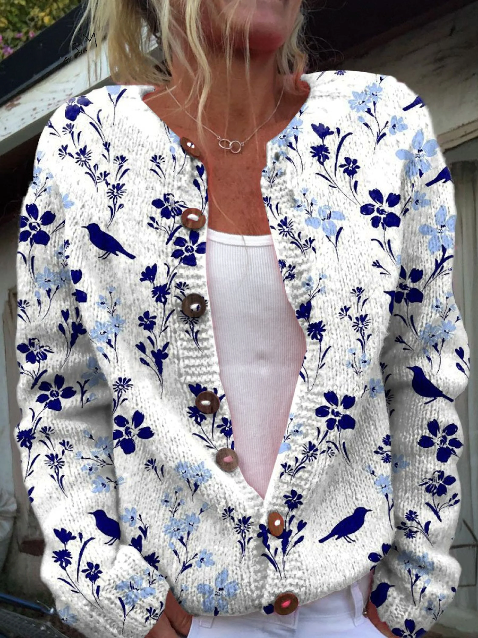 Iris - Cardigan retro cu imprimeu floral și pasăre, cu nasturi în față — imagine 1