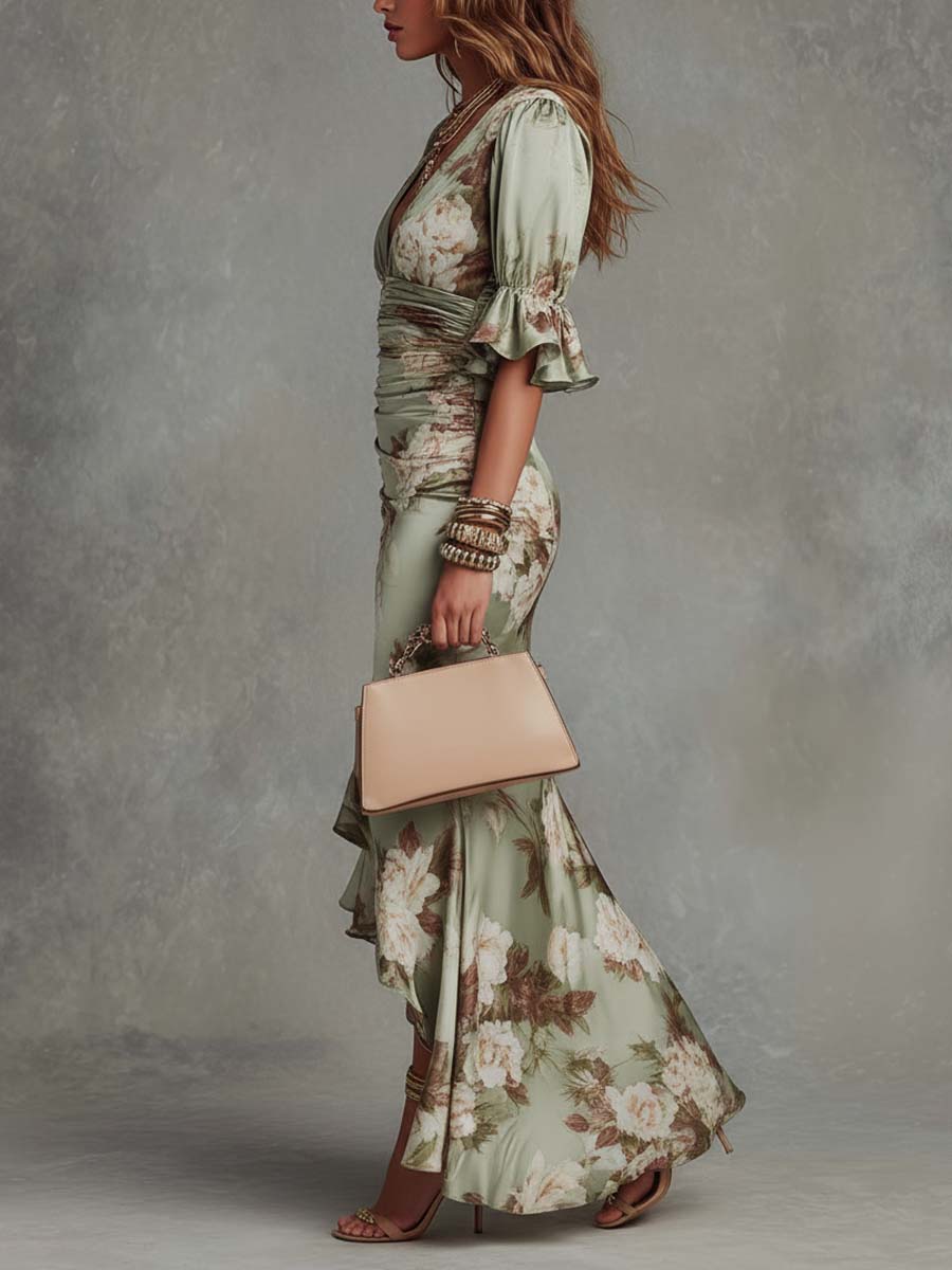 Rochie lungă asimetrică din satin Isabella verde, cu decolteu în V, mâneci bufante evazate și imprimeu floral — imagine 3