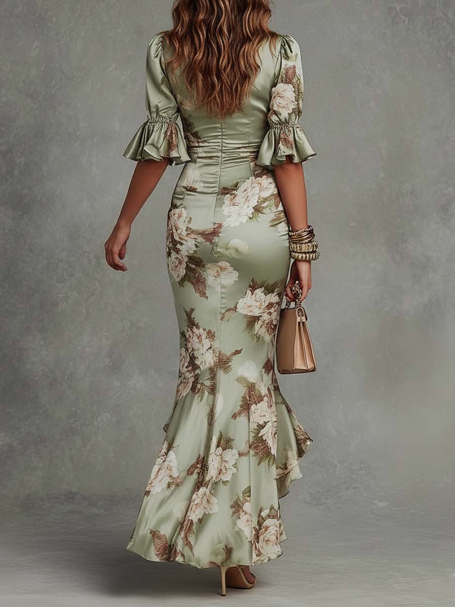 Rochie lungă asimetrică din satin Isabella verde, cu decolteu în V, mâneci bufante evazate și imprimeu floral — imagine 4