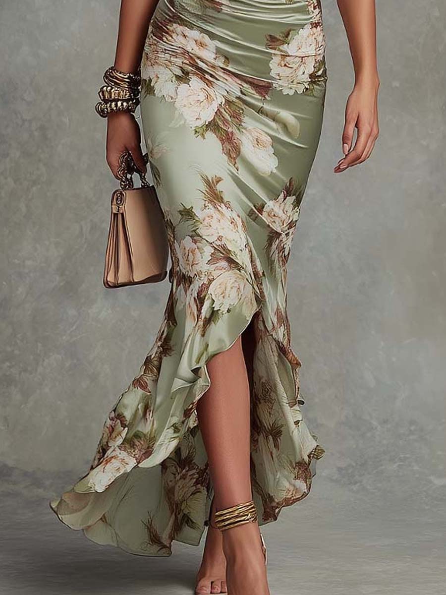 Rochie lungă asimetrică din satin Isabella verde, cu decolteu în V, mâneci bufante evazate și imprimeu floral — imagine 6