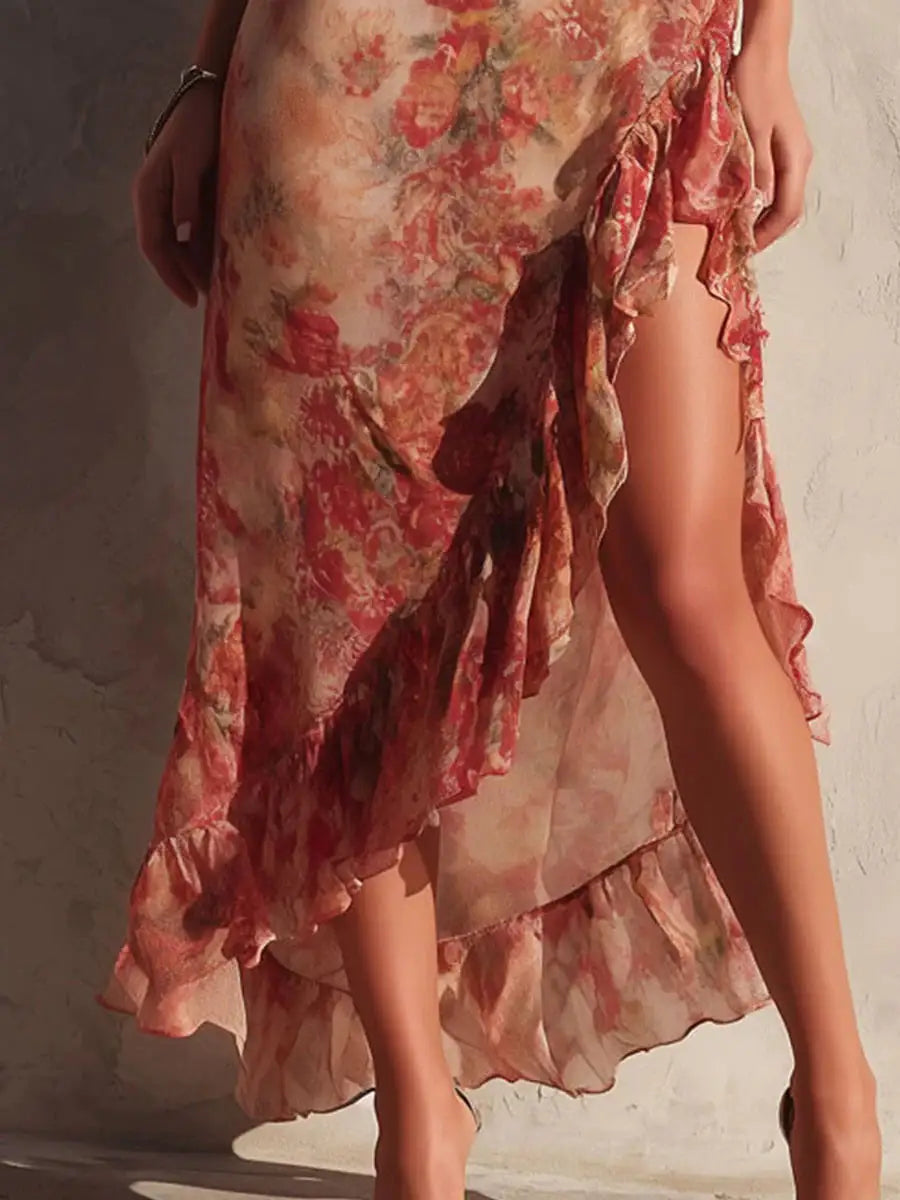 Jamie - Rochie florală asimetrică cu crăpătură și volane — imagine 5