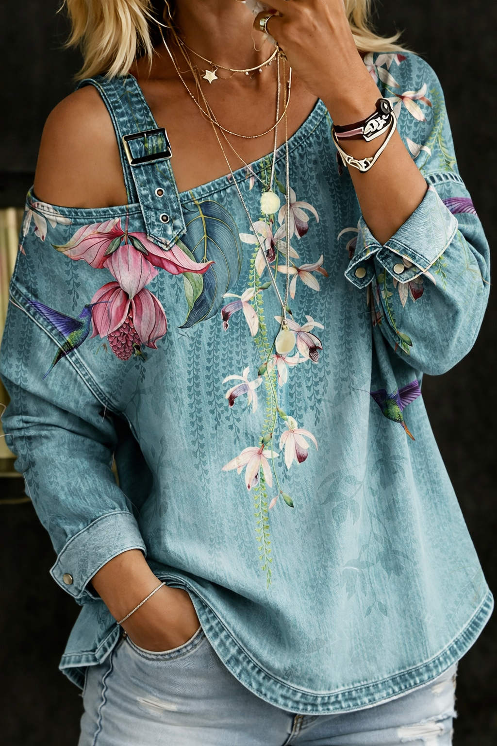 Juliette - top din denim, cu umăr gol — imagine 2