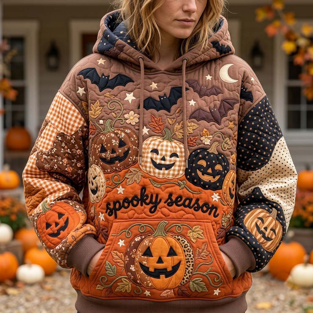Hanorac cu glugă - dovleci de Halloween cu model de matlasare — imagine 1