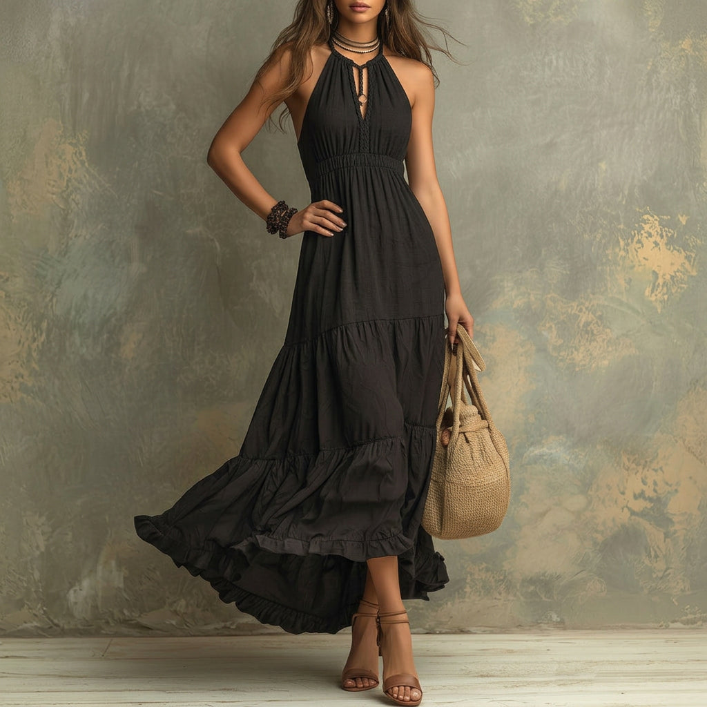 Kate - Rochie maxi neagră boemă cu guler înalt și dantelă pliată — imagine 2