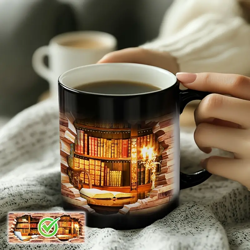 Cană ceramică cu raft de cărți magic și efect de căldură — imagine 3