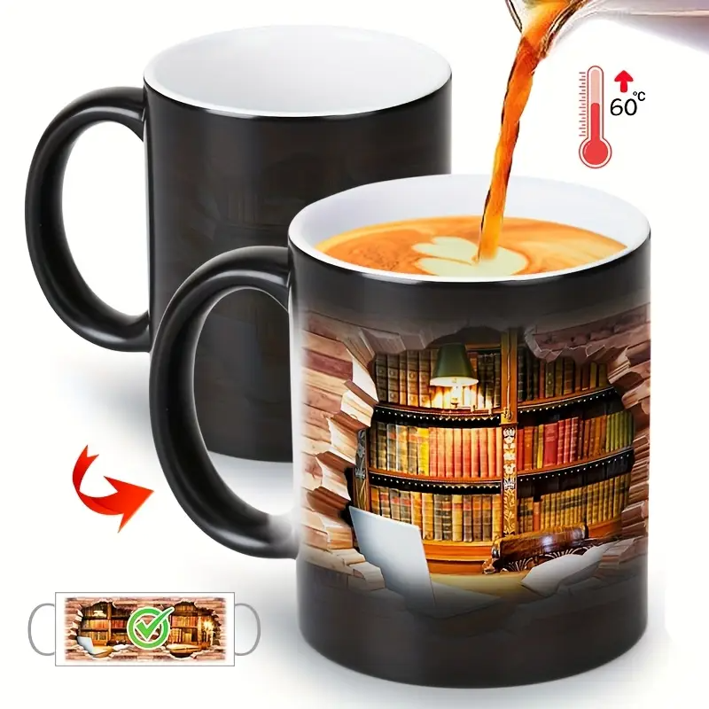 Cană ceramică cu raft de cărți magic și efect de căldură — imagine 7