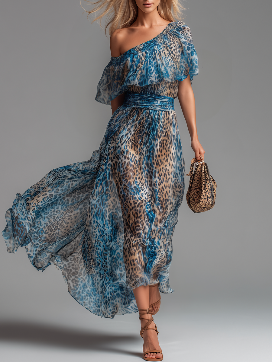 Lauren - rochie lungă din șifon cu imprimeu leopard și umeri goi — imagine 2